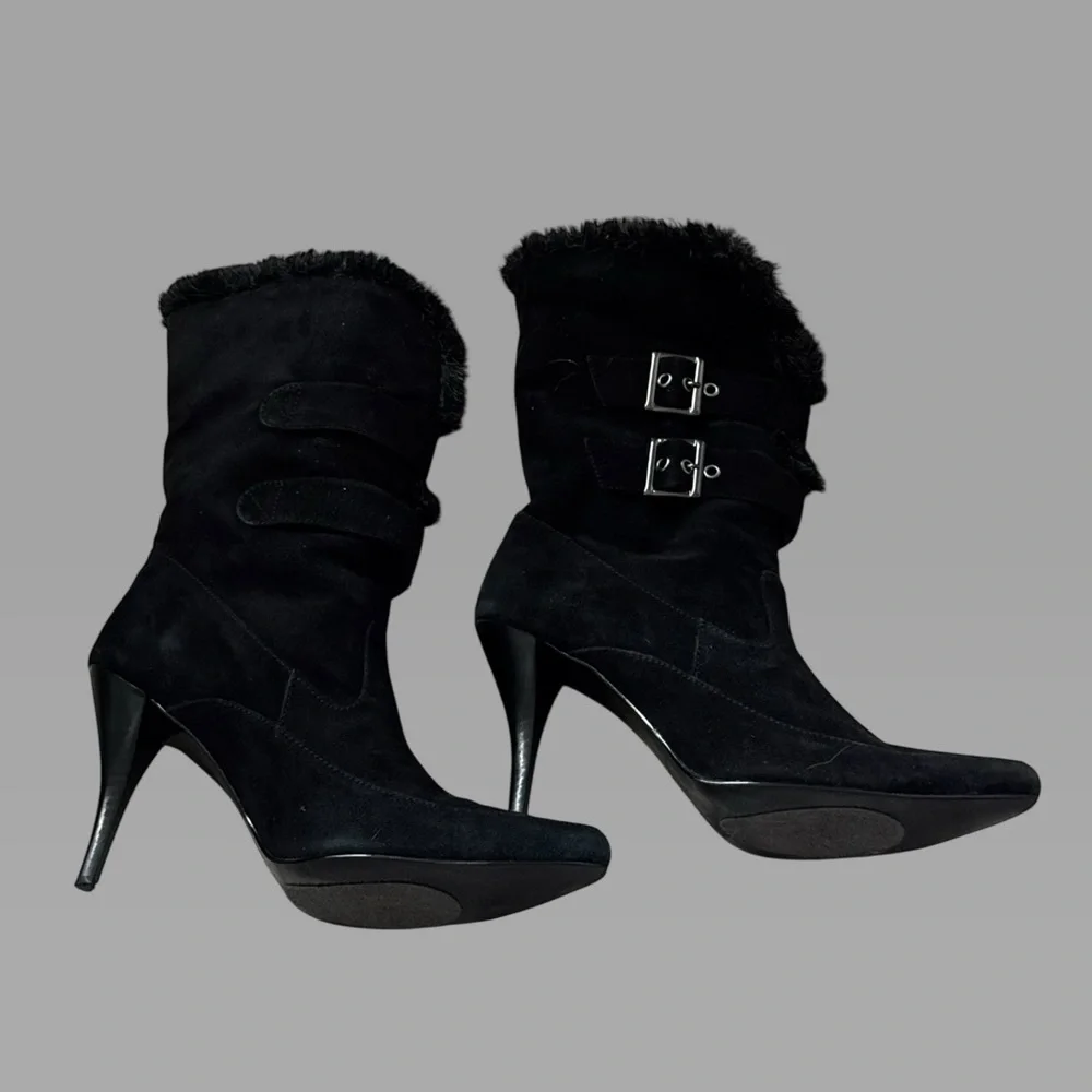 Colin Stuart Sz 8 1/2‎ Black suede faux Fur-Lined Women's stiletto Boots pointed